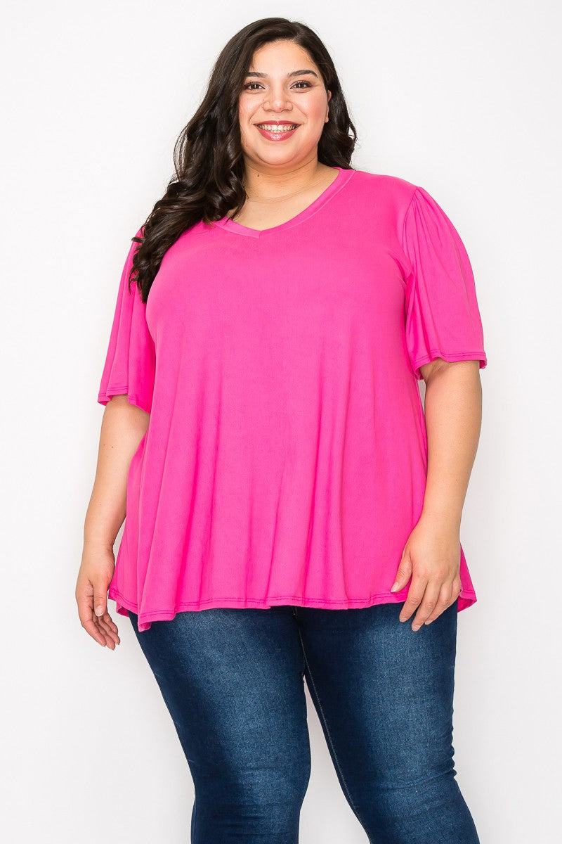 Fuchsia Tunic Top with Wide Sleeves V-Neck